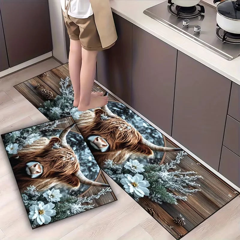 Highland Cows and Flowers Pattern Mat Non-Slip Kitchen Mat, Fashionable Home Decor for Living Rooms, Bedrooms, Hallway Entrances