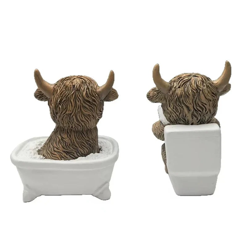 Cute Scottish Highland Cow Resin Figurines Funny Bathing & Reading Cow Statue Desk Decor For Home Bathroom Office Holiday Gift