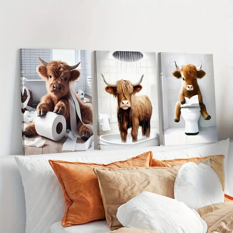 Modern Scottish Highland Cow Canvas Prints Cute Country Animal Wall Art Posters for Bathroom Living Room Farmhouse Decor Cuadros