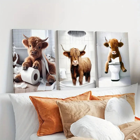 Modern Scottish Highland Cow Canvas Prints Cute Country Animal Wall Art Posters for Bathroom Living Room Farmhouse Decor Cuadros