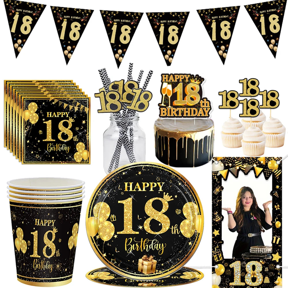 18th Birthday Party Supplies Black Gold 18th Birthday Plates Napkins Dinnerware for Boys Girls 18 Years Old Birthday Party Decor