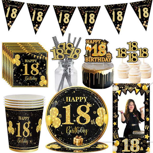 18th Birthday Party Supplies Black Gold 18th Birthday Plates Napkins Dinnerware for Boys Girls 18 Years Old Birthday Party Decor