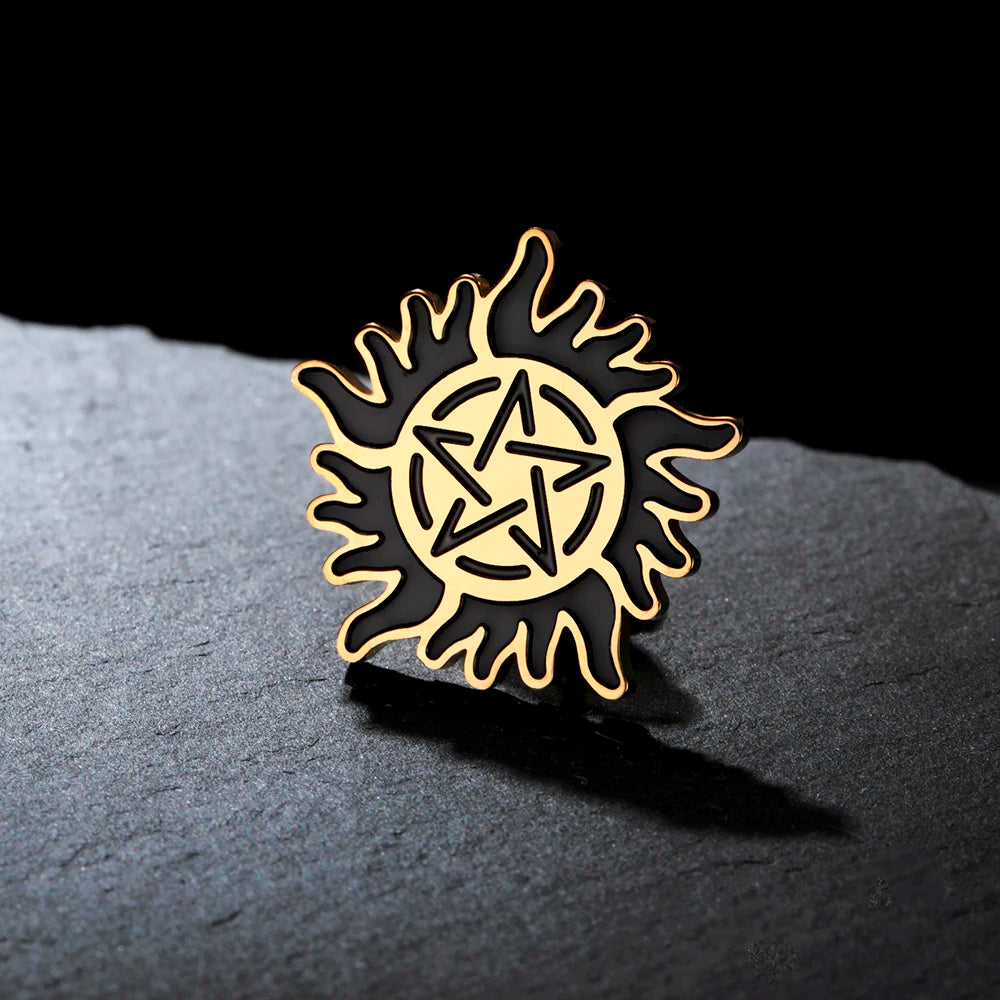 Dawapara Supernatural Anti Possession Symbol Brooch Pins Sunshine Pentagram Protection Amulet Stainless Steel Jewelry