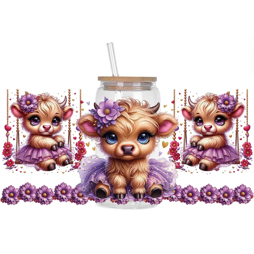Highland Cattle Baby 16oz UV DTF Sticker Cup Personalize UV Wrap Label DIY Logo Self Adhesive Cow Design 3D Transfer Sticker