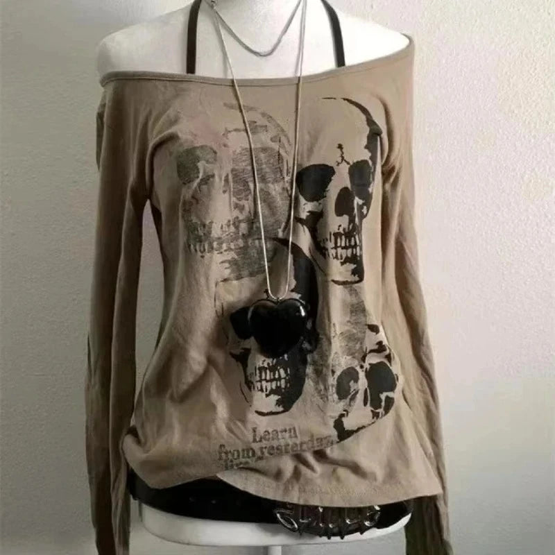 Gothic T-shirts Women Vintage Punk Y2k Crop Tops Punk Skull Black Hot Girl Tshirt Short Sleeve Fashion Street Tees Sxey Vintage
