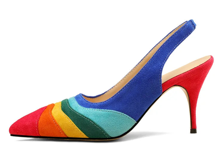 Summer New Rainbow Mixed Color 8cm High Heel Sandals  Women's French Pointed Shallow Mouth Runway Banquet Wedding Shoes size 43