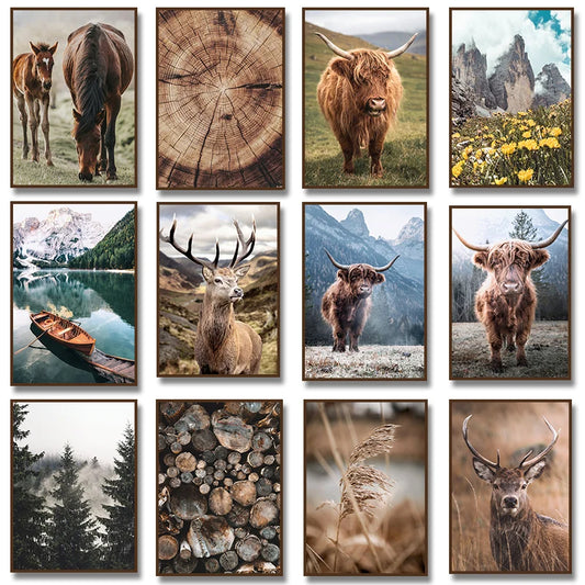 Nature Highland Cow Deer Wood Log Pile Horse Lake Photography Canvas Painting Print Landscape Poster for Living Room Home Decor
