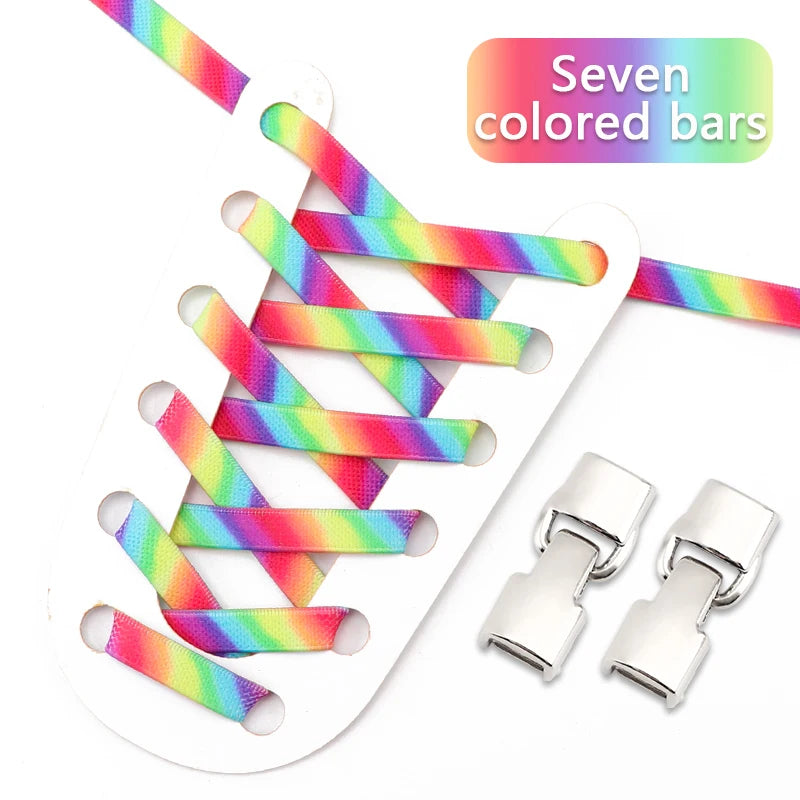 1Pair Rainbow Shoe Laces Without Ties Elastic Shoelaces Metal Buckle Lock Convenient Lazy Shoes Lace For Sneakers Accessories