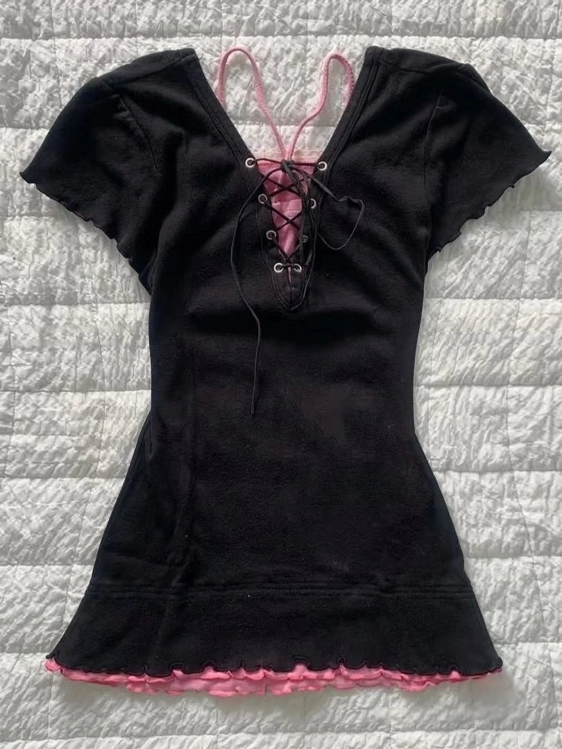 Gothic T shirt Pink Femme Short sleeve Streetwear Hip Hop Vintage 90s Clothes Women T shirts Graphic Tee Y2k Aesthetic Crop Top