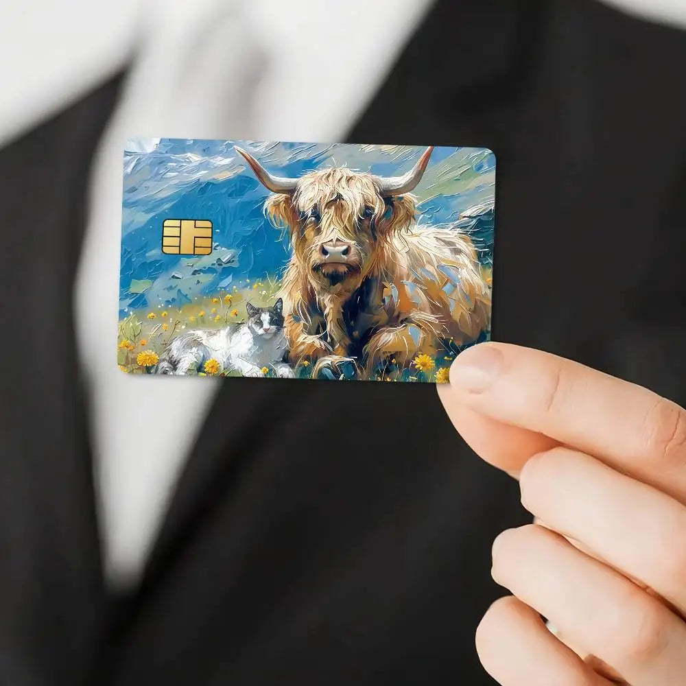 Cute Highland Cow Bank Credit Cards Bus Pass Stickers Cool Decoration Waterproof 4PCS Card