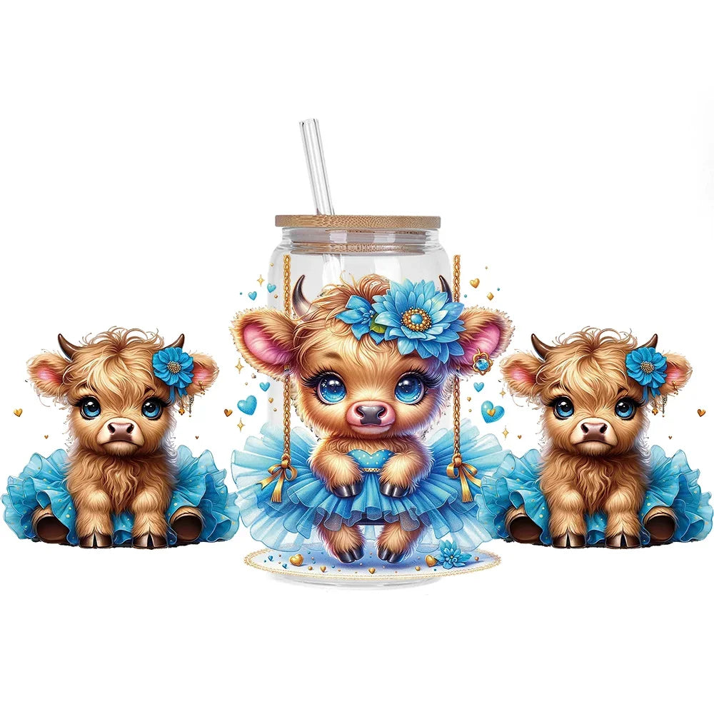 Highland Cattle Baby 16oz UV DTF Sticker Cup Personalize UV Wrap Label DIY Logo Self Adhesive Cow Design 3D Transfer Sticker