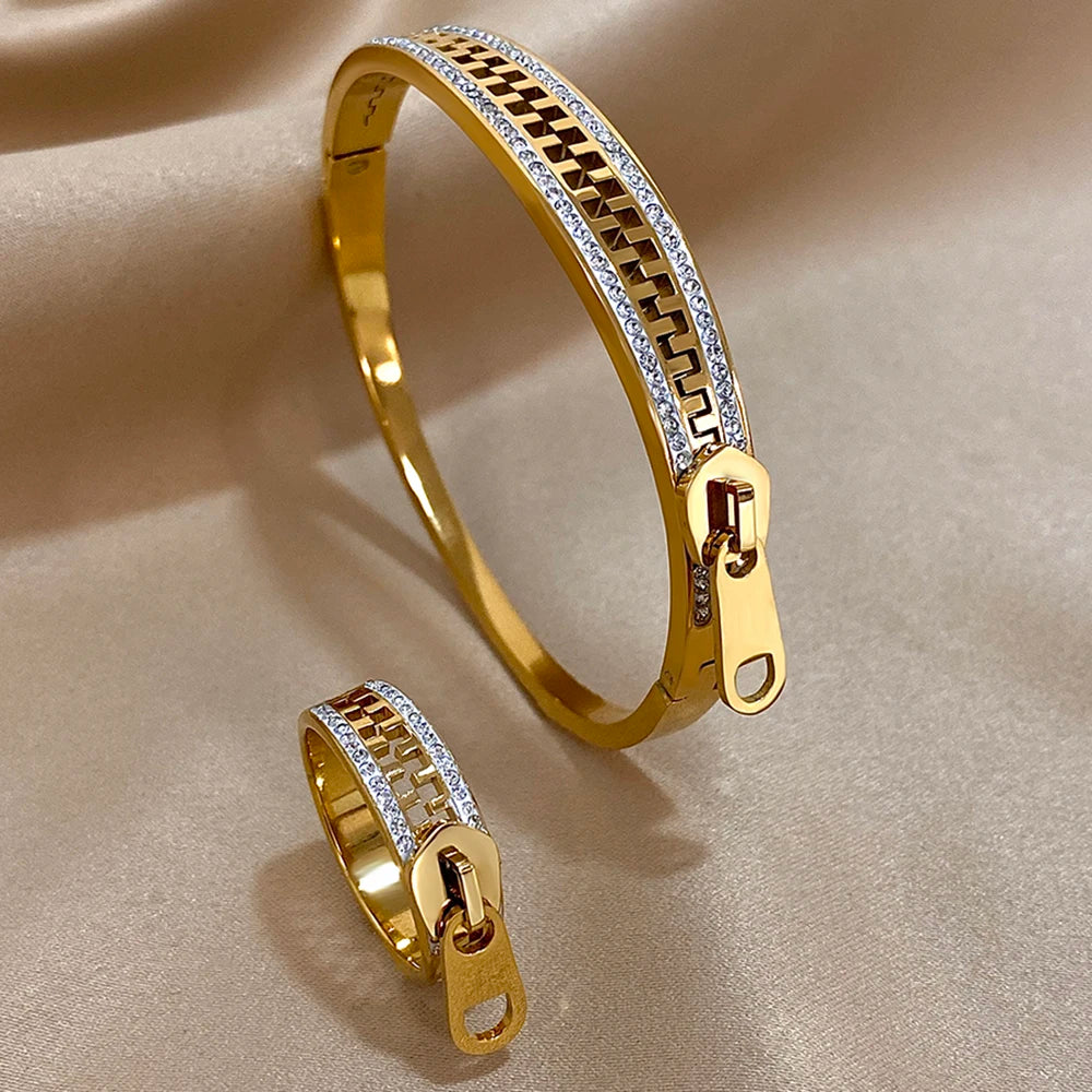 AENSOA Luxurious Zipper Style Stainless Steel Waterproof Rust Resistant Bracelets Inlaid Rhinestone Gold Plated Bracelet Bangles