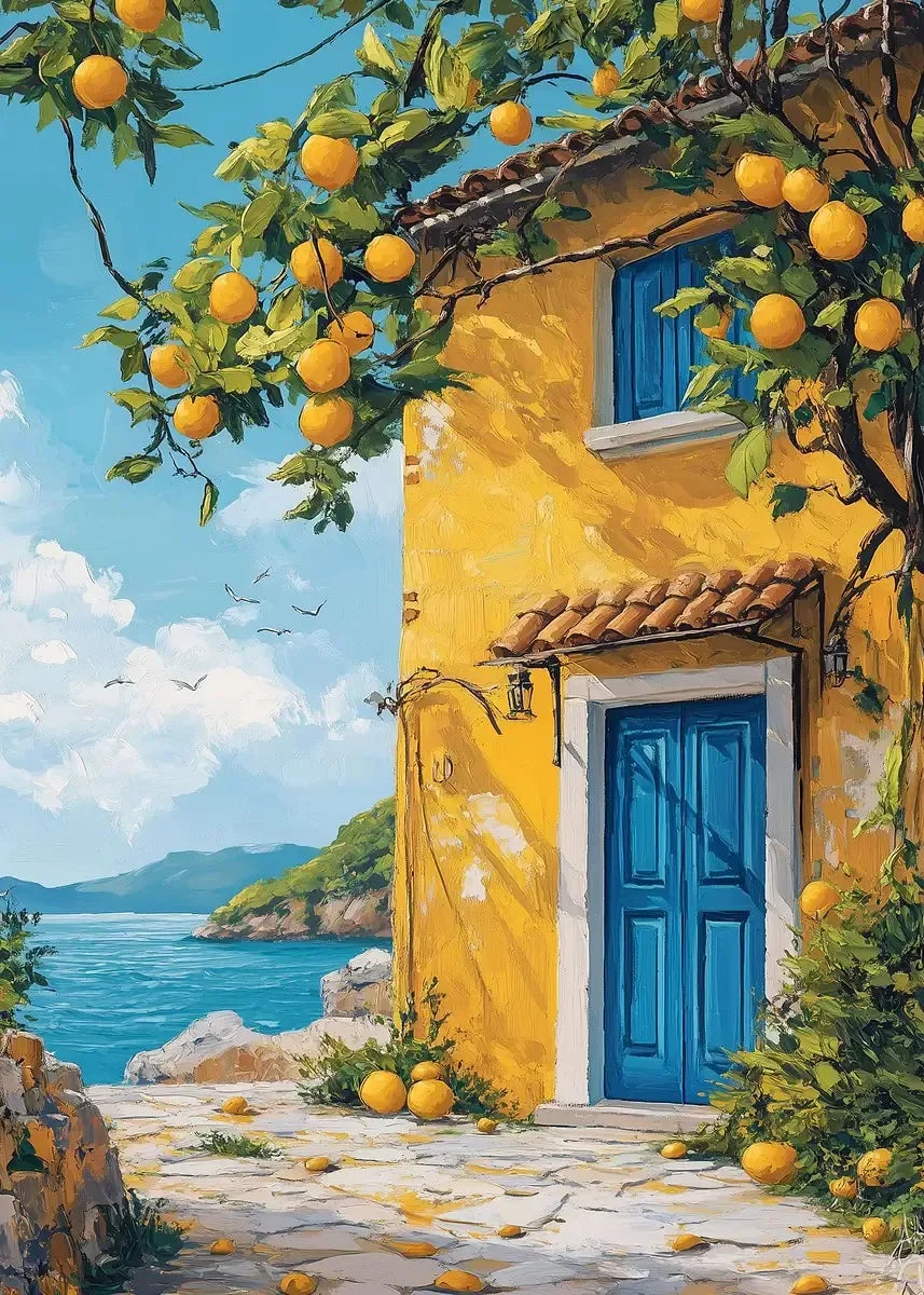 DIY Oil Painting By Numbers Kits Mediterranean Santorini Greece Village Paint with NumbersHome Decor, Wall Art Perfect Gift,