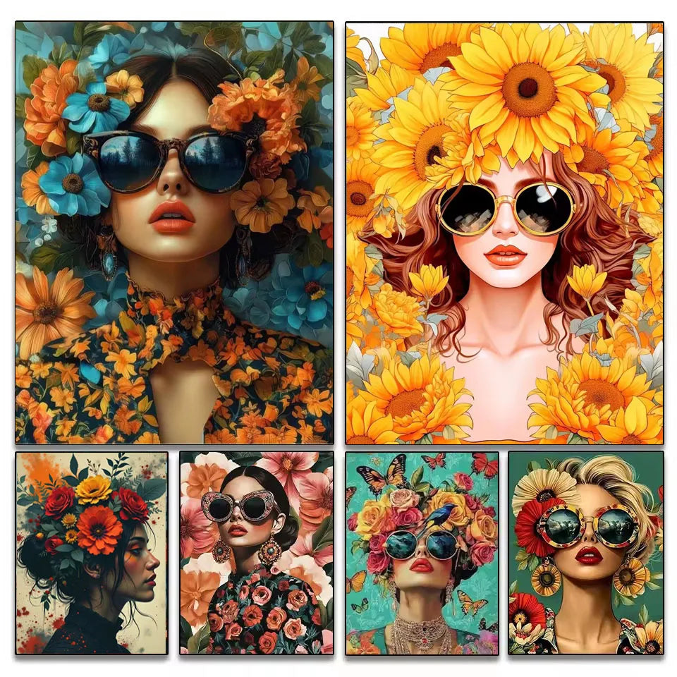 5D DIY Diamond Art Kit Full square Round Drill Mosaic Embroidery Beauty Women,Flowers,Sunglasses Imitation Diamonds Wall Decor