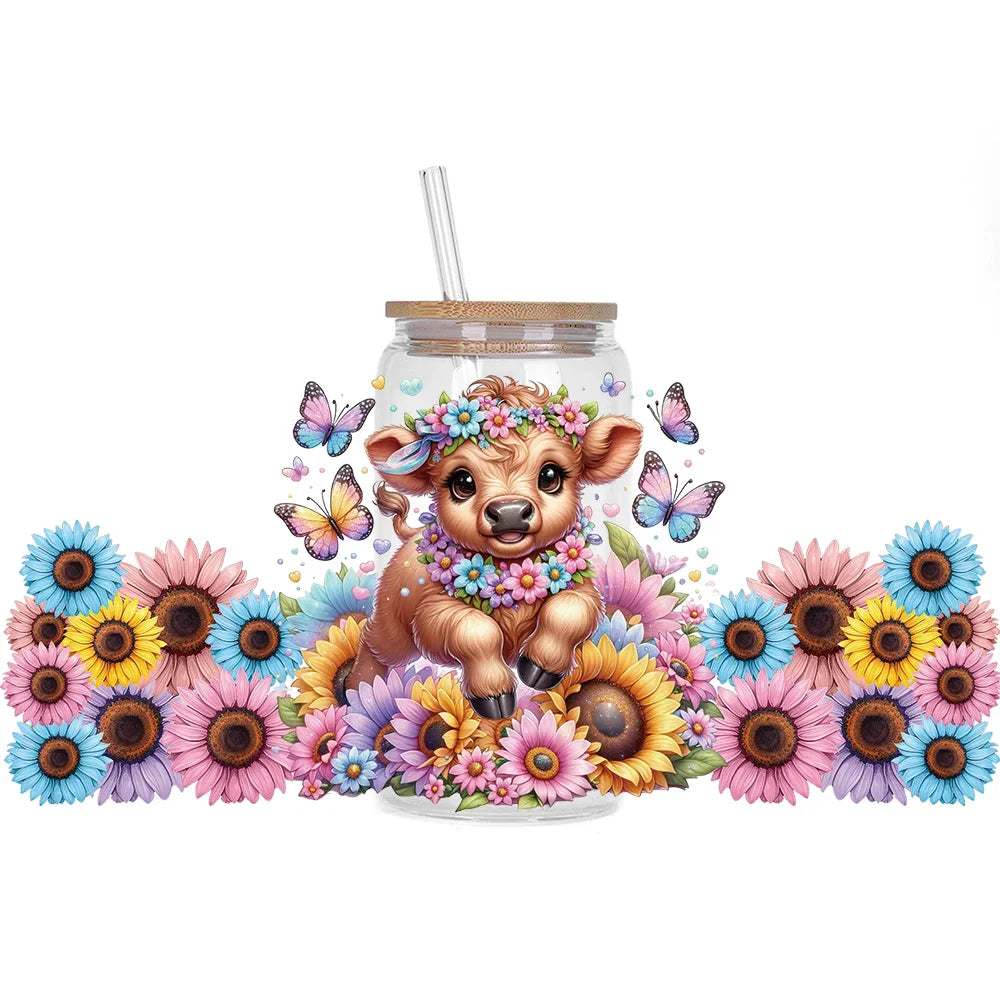 Highland Cattle Baby 16oz UV DTF Sticker Cup Personalize UV Wrap Label DIY Logo Self Adhesive Cow Design 3D Transfer Sticker