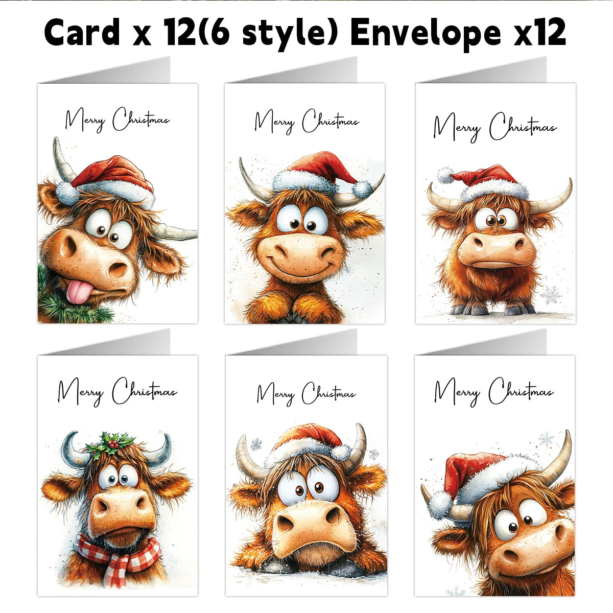 12pcs Christmas Adorable Highland Cow Greeting Cards With Envelope-For Xmas Card Exchanges,Family Gatherings,Office Parties Gift