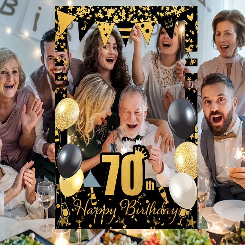 Black Gold Happy Birthday Photo Booth - 18, 21, 30, 40, 50, 60 years old. Party decoration supplies for people aged 70 and 80
