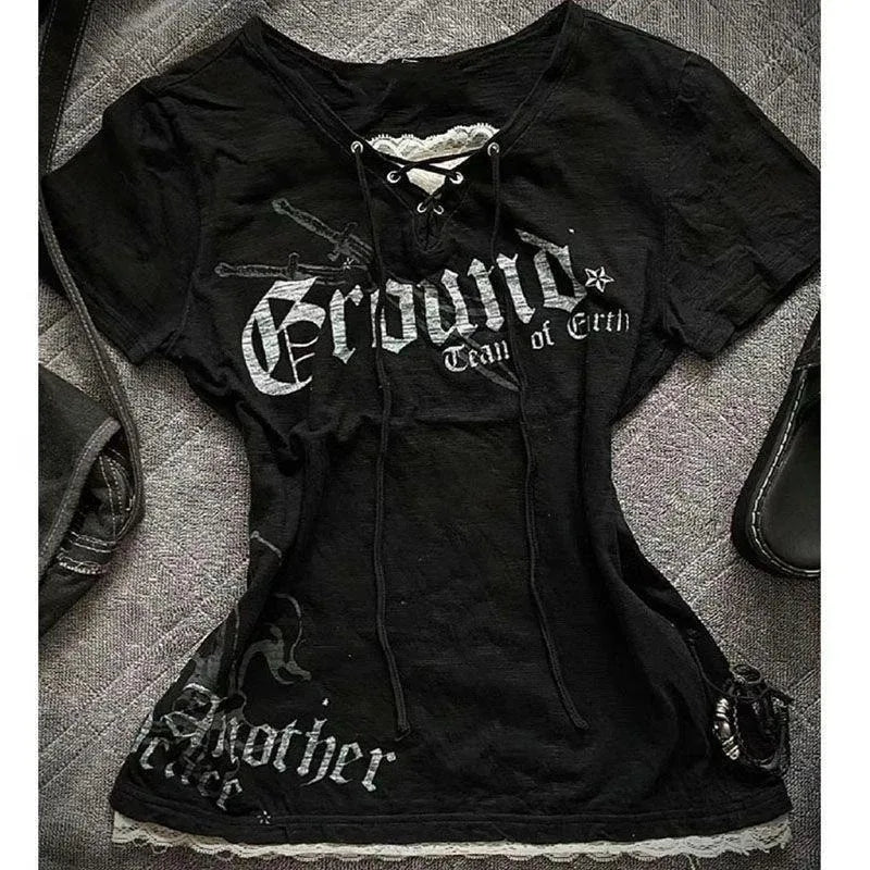 Gothic T-shirts Women Vintage Punk Y2k Crop Tops Punk Skull Black Hot Girl Tshirt Short Sleeve Fashion Street Tees Sxey Vintage