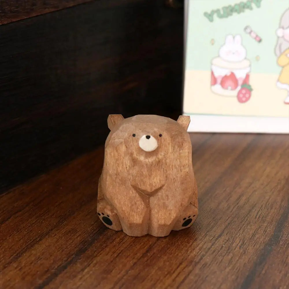 Animal Sculptures Solid Wood Wooden Bear Figurines Hand Carved Realistic Polar Bear Ornament Cute Funny Mini Bear Statue Car