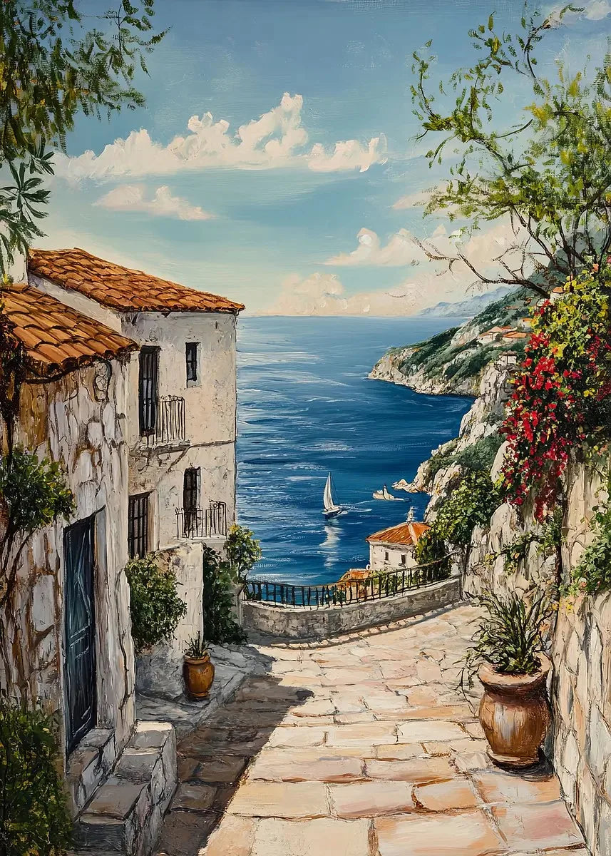 DIY Oil Painting By Numbers Kits Mediterranean Santorini Greece Village Paint with NumbersHome Decor, Wall Art Perfect Gift,