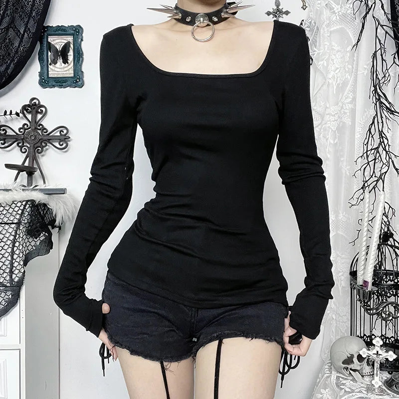 Gothic T-shirt for Women Sexy Hollow Out Mesh Cross Half Turtleneck Black Slim Soft Velvet Long Sleeve  Crop Tops