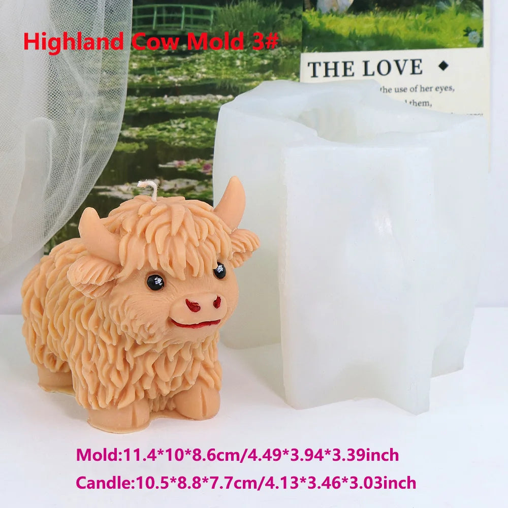 3D Highland Cow Silicone Mold Highland Yak Candle Mold Cute Animal Cattle Resin Concrete Cement Statue Art Mold Home Decor Tool