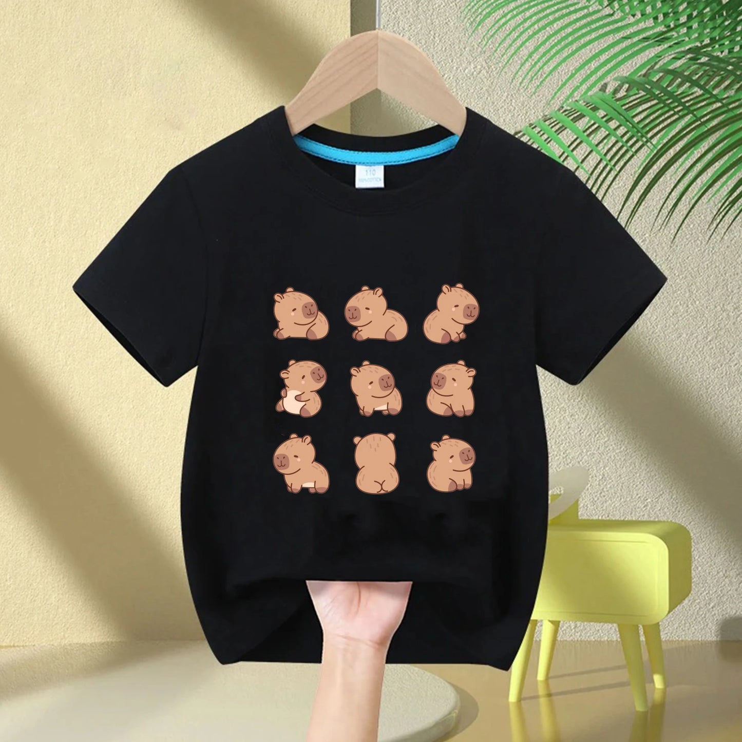 Cute Capybara Loves Bubble Tea print kids T-Shirt summer children's pure cotton short-sleeved casual tops boys and girls gifts