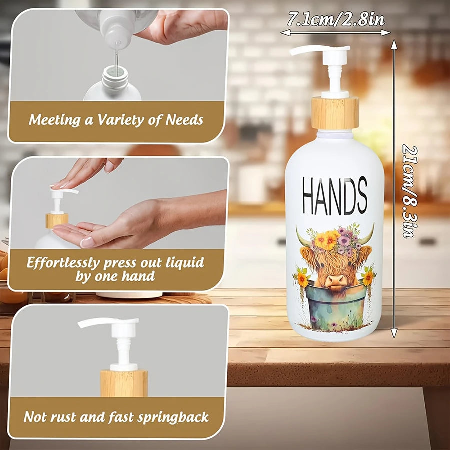 2Pcs Highland Cow Soap Dispenser withTray Farmhouse Cow Floral Plastic Dispenser with Pump Refillable Liquid Soap Container