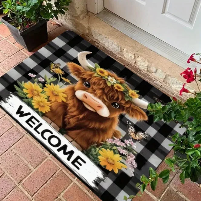 Enchanting Highland Cows Welcome Door Mats Rustic Wooden Board Flowers Entrance Bathroom Bedroom and Living Room Cow Decoration