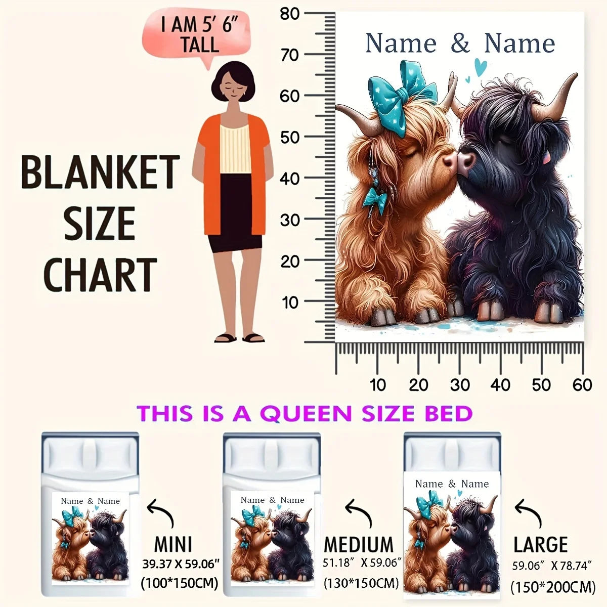 Customized name highland cow blanket personalized text, comfortable flannel blanket suitable for all seasons