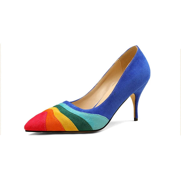 Summer New Rainbow Mixed Color 8cm High Heel Sandals  Women's French Pointed Shallow Mouth Runway Banquet Wedding Shoes size 43