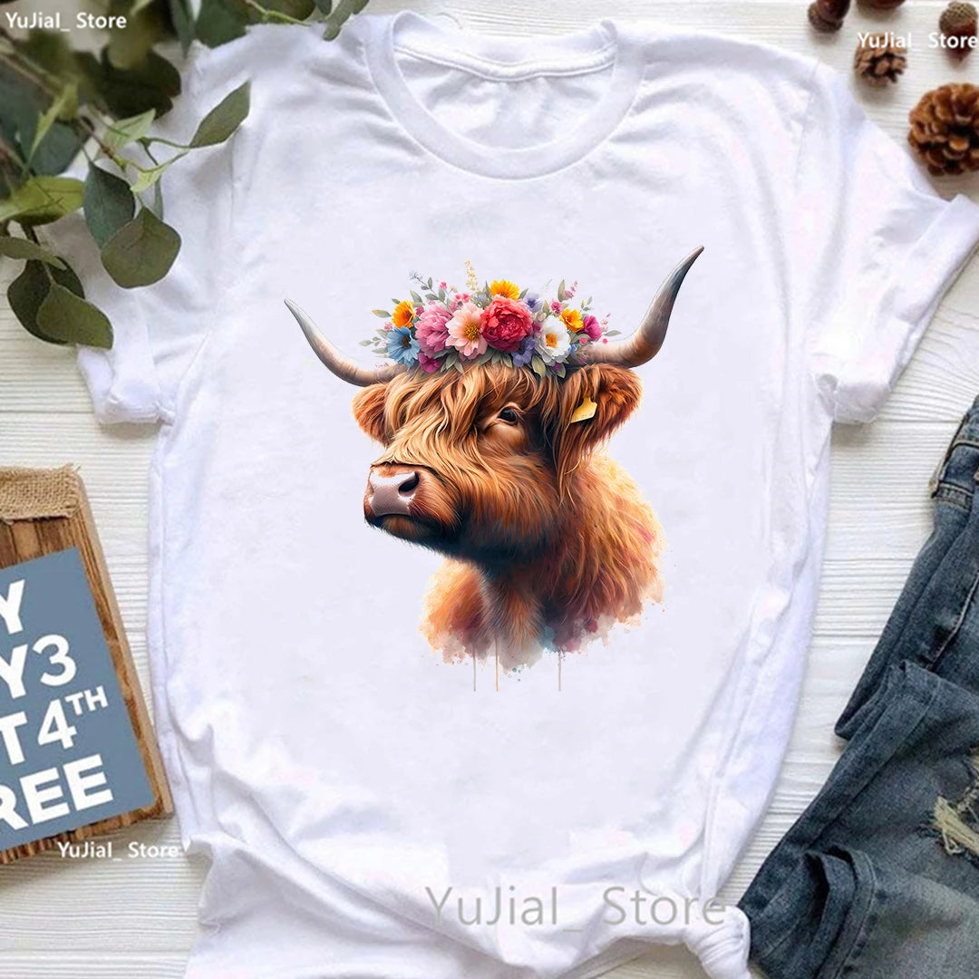 Highland Cow Floral Crown Animal Printed T Shirt Women Clothes 2024 Summer Fashion Tops Tee Shirt Femme Harajuku Shirt