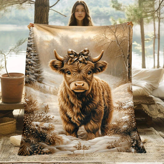 Highland Cow Winter Scene Flannel Blanket | Soft Warm All-Season Farmhouse Decor & Multi-Occasion Gift