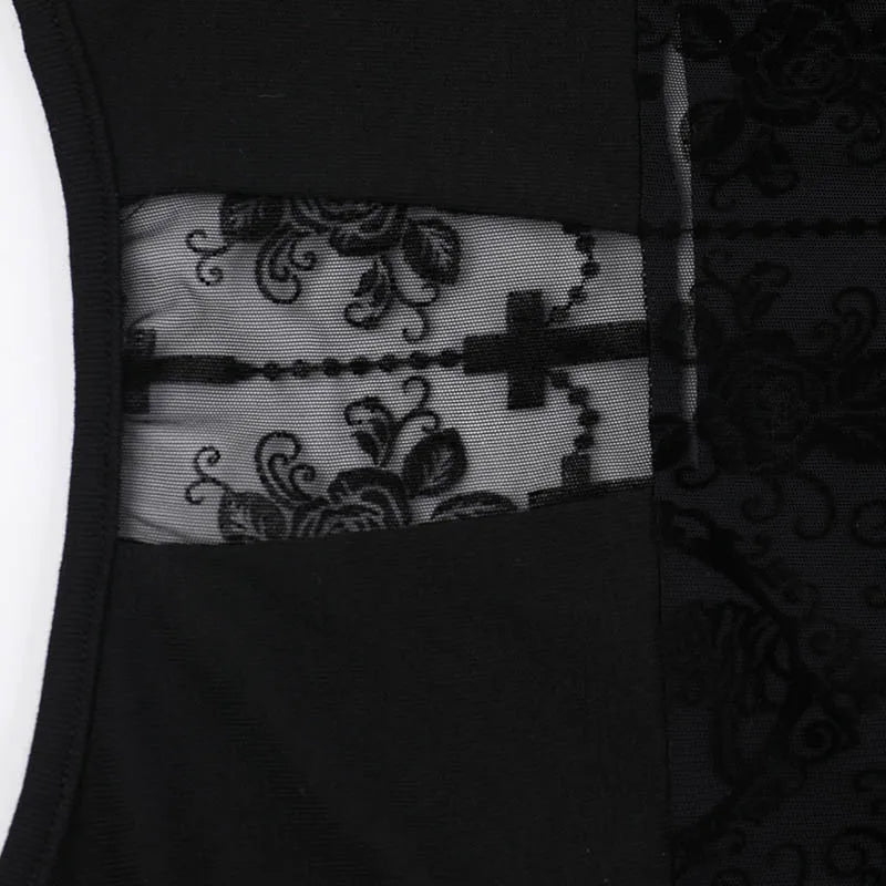 Gothic T-shirt for Women Sexy Hollow Out Mesh Cross Half Turtleneck Black Slim Soft Velvet Long Sleeve  Crop Tops