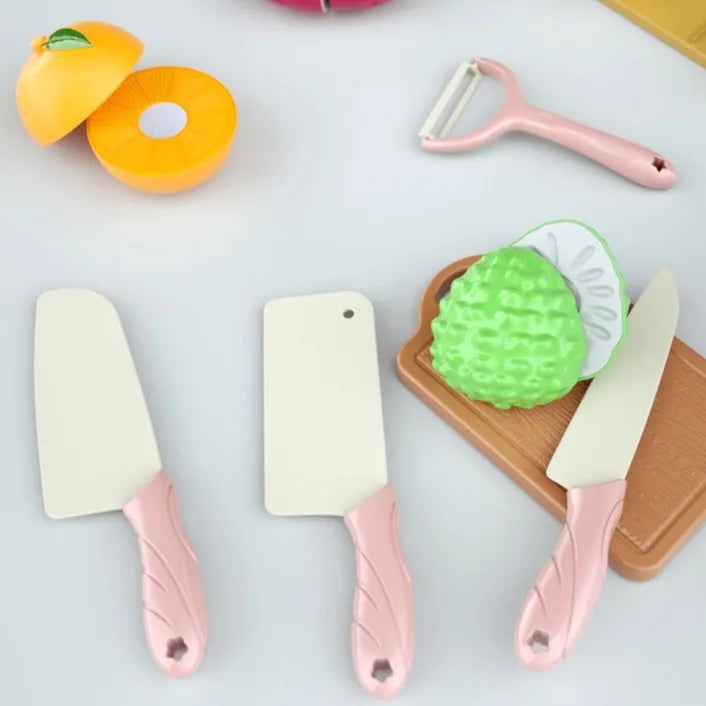 Kids Cooking Set 7Pieces Montessori Kitchen Tools Toddler Pretend Play Safe with Knife Board Can Cutting Fruits Vegetable Food