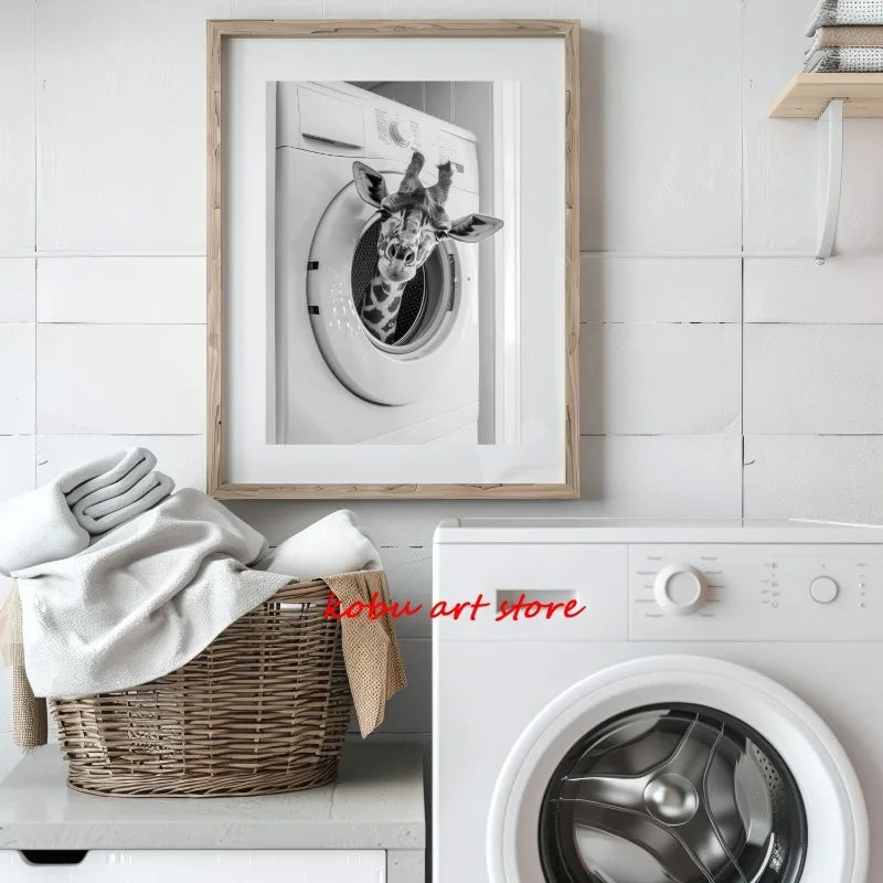 Bear Highland Cow Giraffe Animal in Washing Machine Poster Canvas Printing Wall Art Picture Fun Laundry Room Utility Room Decor