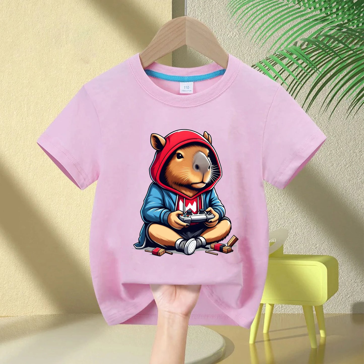 Cute Capybara Loves Bubble Tea print kids T-Shirt summer children's pure cotton short-sleeved casual tops boys and girls gifts