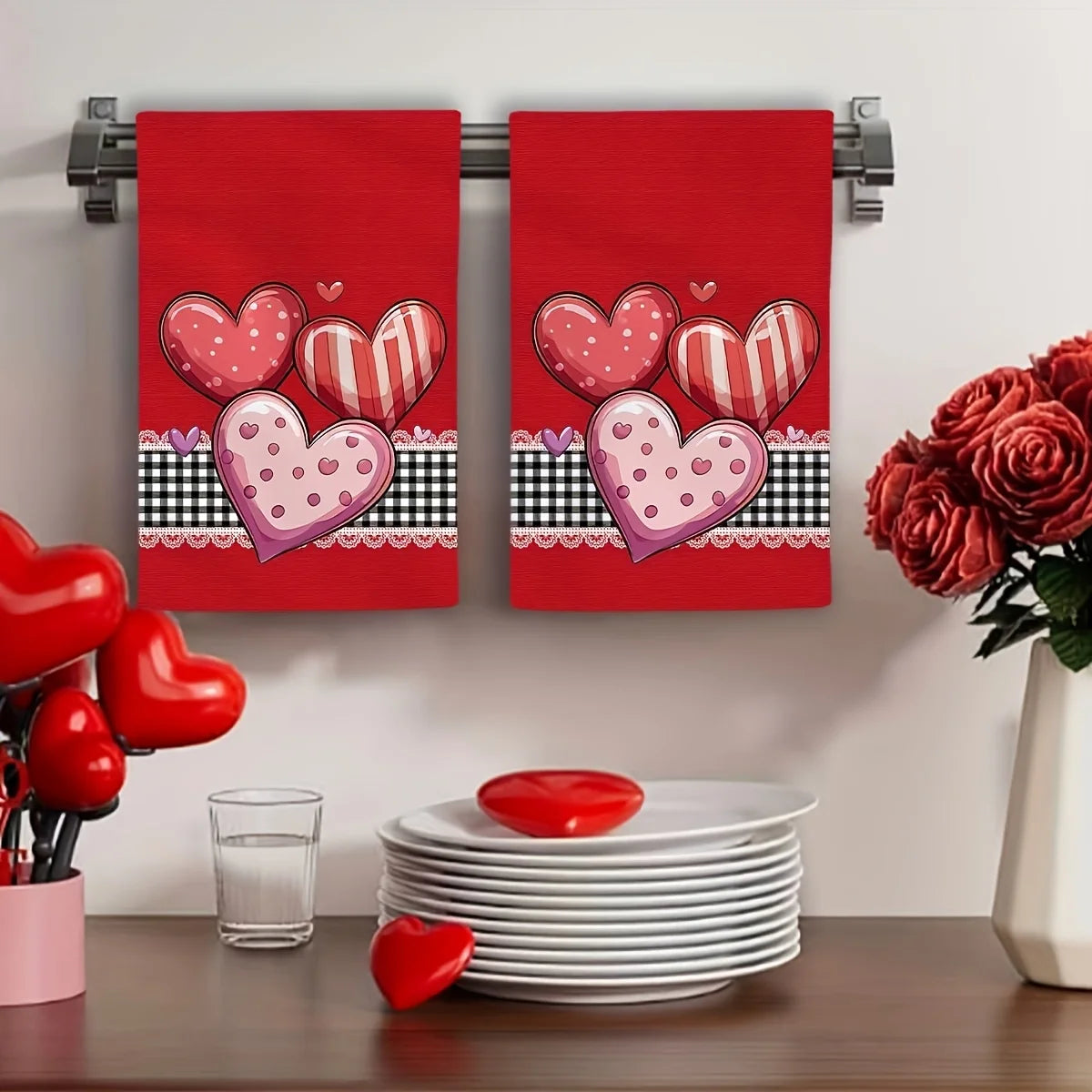 2 pieces of Valentine's Day heart-shaped kitchen towels - cute heart-shaped print, suitable for cooking, baking, dish drying