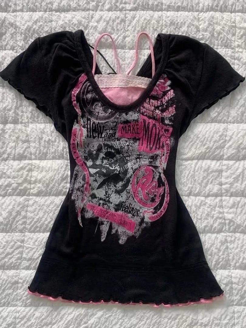 Gothic T shirt Pink Femme Short sleeve Streetwear Hip Hop Vintage 90s Clothes Women T shirts Graphic Tee Y2k Aesthetic Crop Top