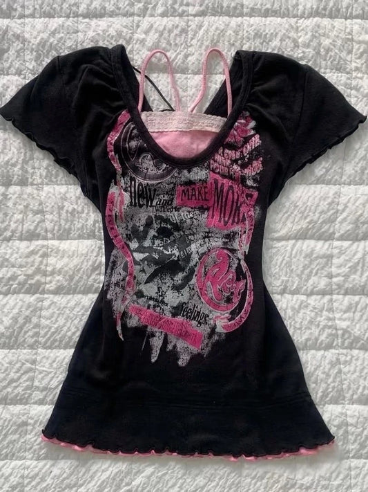 Gothic T shirt Pink Femme Short sleeve Streetwear Hip Hop Vintage 90s Clothes Women T shirts Graphic Tee Y2k Aesthetic Crop Top