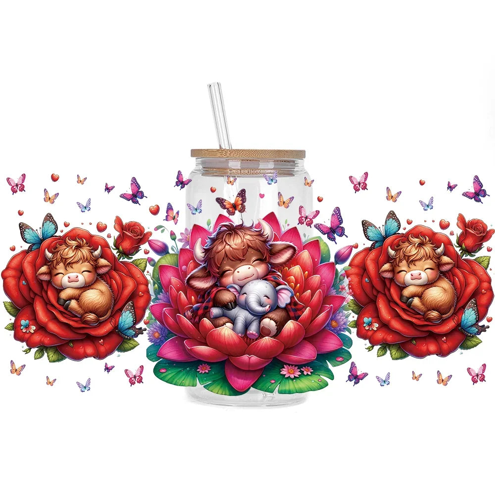 Highland Cattle Baby 16oz UV DTF Sticker Cup Personalize UV Wrap Label DIY Logo Self Adhesive Cow Design 3D Transfer Sticker