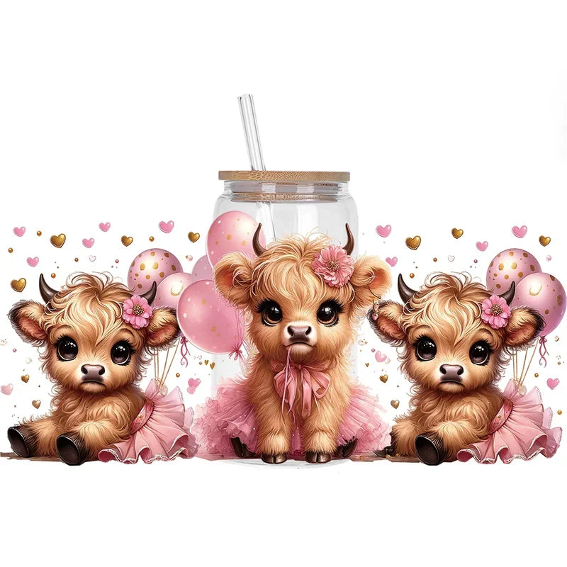 Highland Cattle Baby 16oz UV DTF Sticker Cup Personalize UV Wrap Label DIY Logo Self Adhesive Cow Design 3D Transfer Sticker