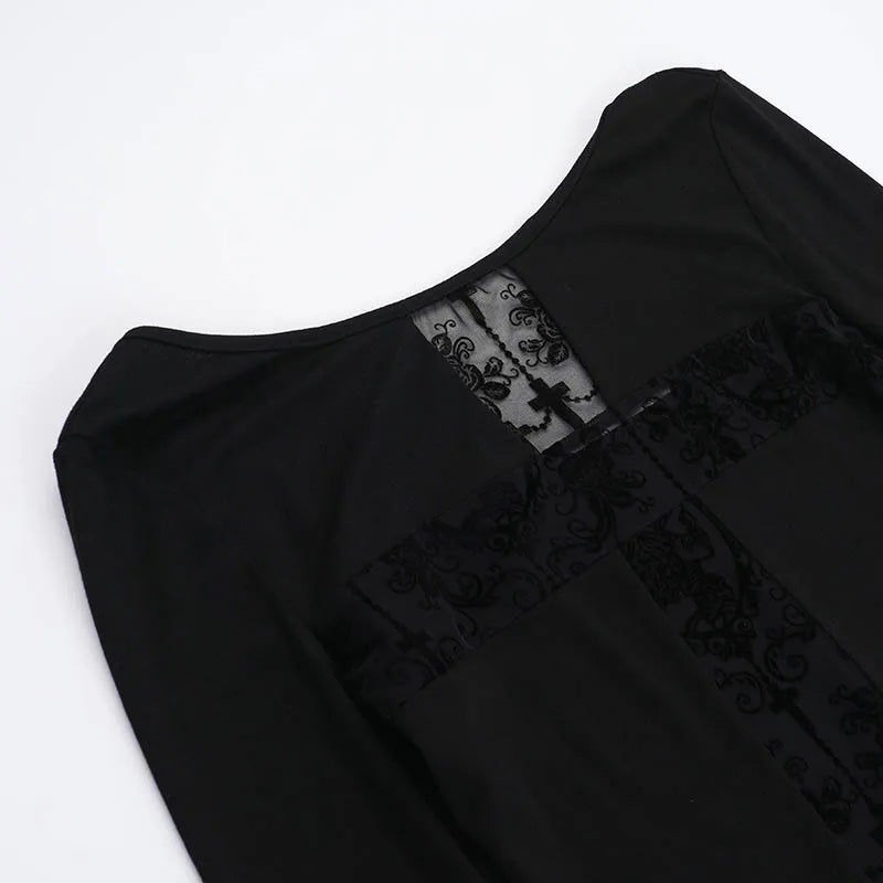 Gothic T-shirt for Women Sexy Hollow Out Mesh Cross Half Turtleneck Black Slim Soft Velvet Long Sleeve  Crop Tops