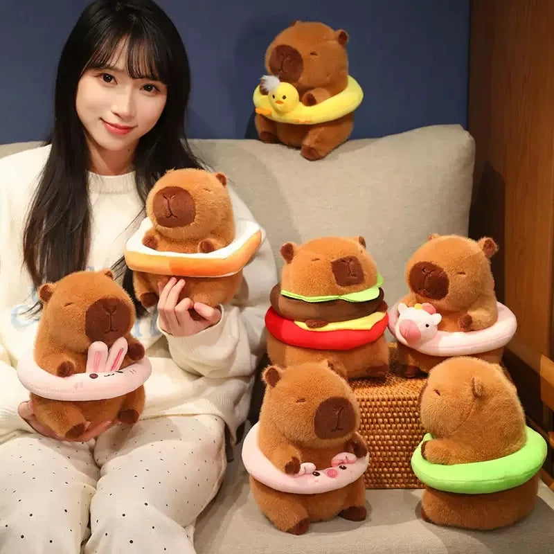 22cm Kawaii Capybara Plush Toys Lovely Hamburger Capybara Pillow Cute Capybara with Swim Rings Stuffed Kawaii Toy Creative Gifts