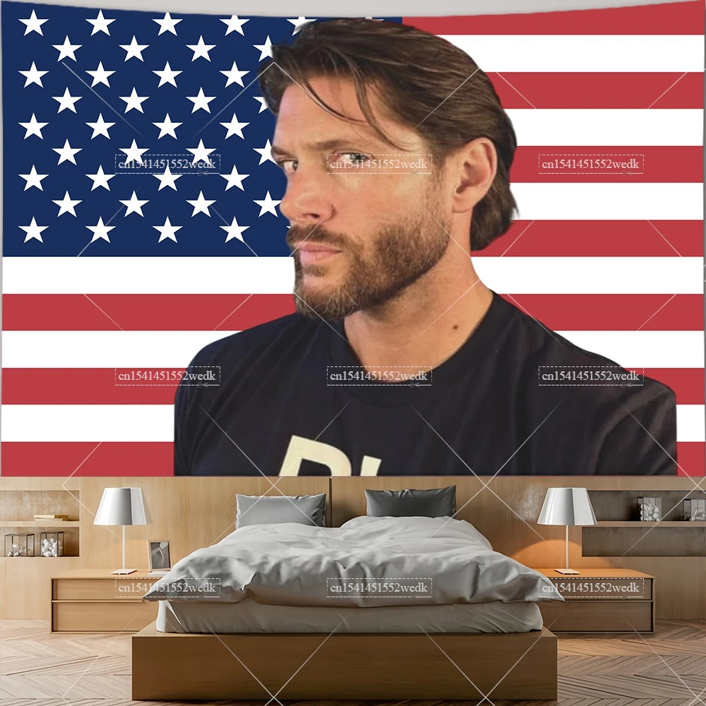 Jensen Ackles Tapestry American Flag Home Decor Wall Hanging Covering Bedroom Backdrops Outdoor Banners Decoration Gift for Fans
