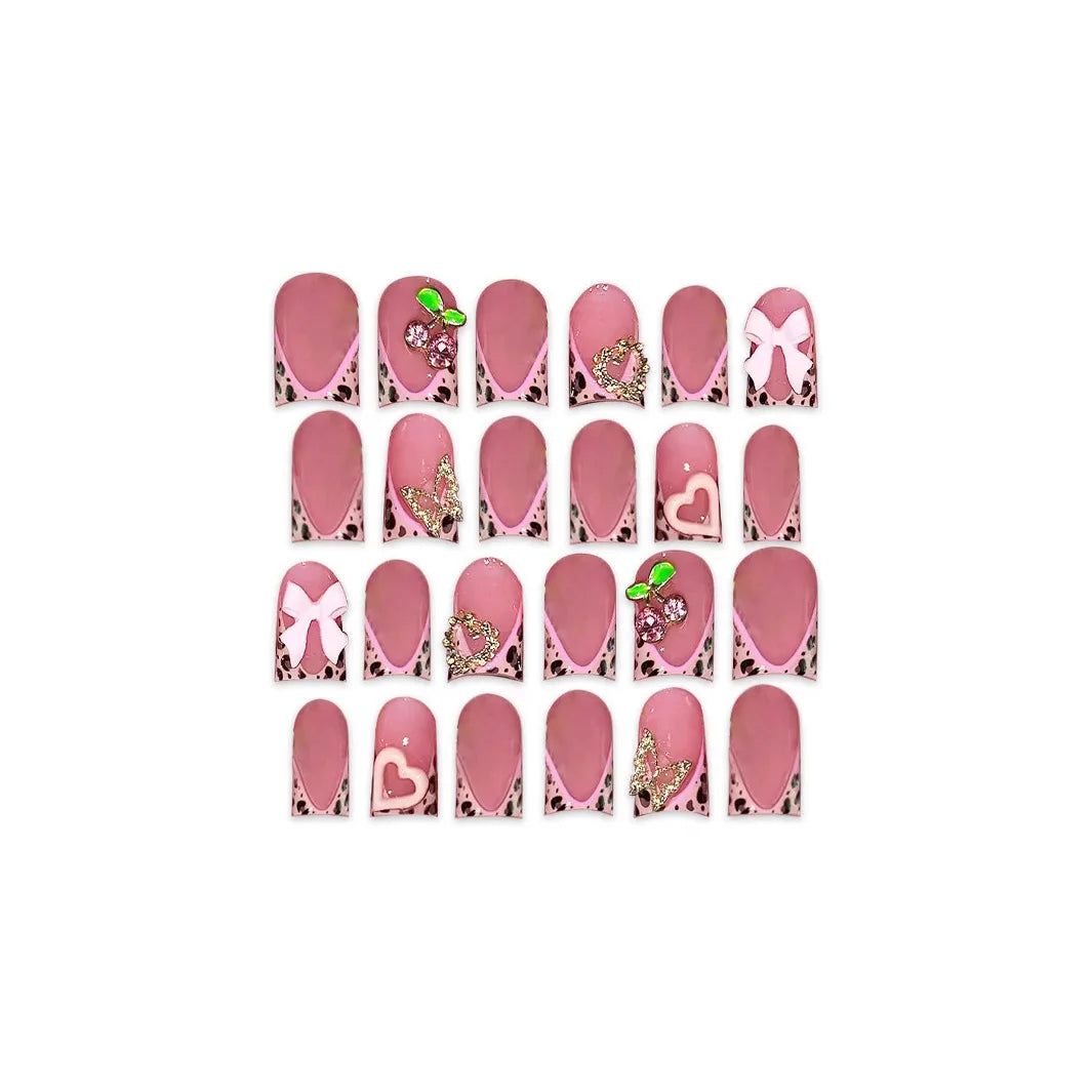 24pcs Nude Pink Sweet Fake Nails Short Duckbill Leopard Print French False Nails With 3D Bowknots Butterfly Cherry Press On Nail