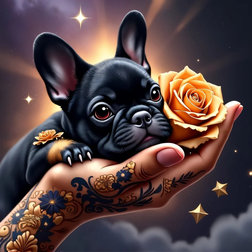 5D DIY Diamond Painting Cute French Bulldog Rose Hand Tattoo Art Crystal Round Diamond Painting Kit Home Decor