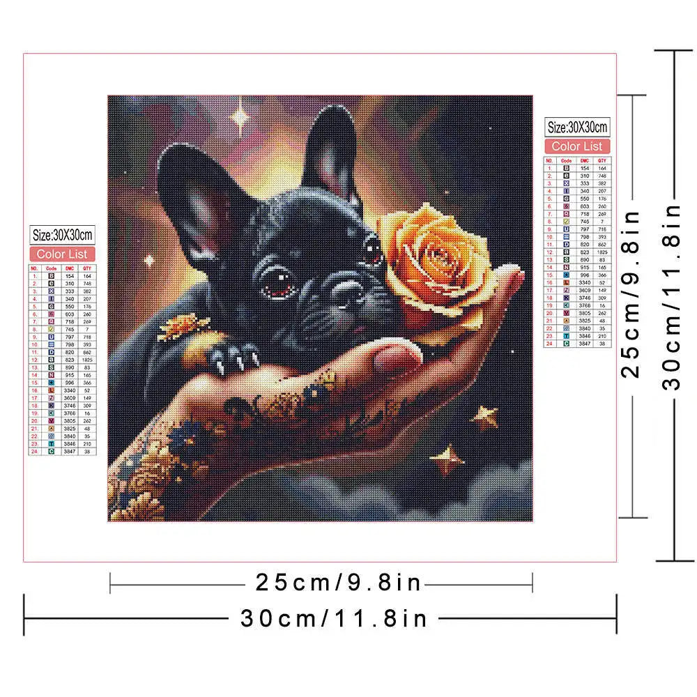 5D DIY Diamond Painting Cute French Bulldog Rose Hand Tattoo Art Crystal Round Diamond Painting Kit Home Decor