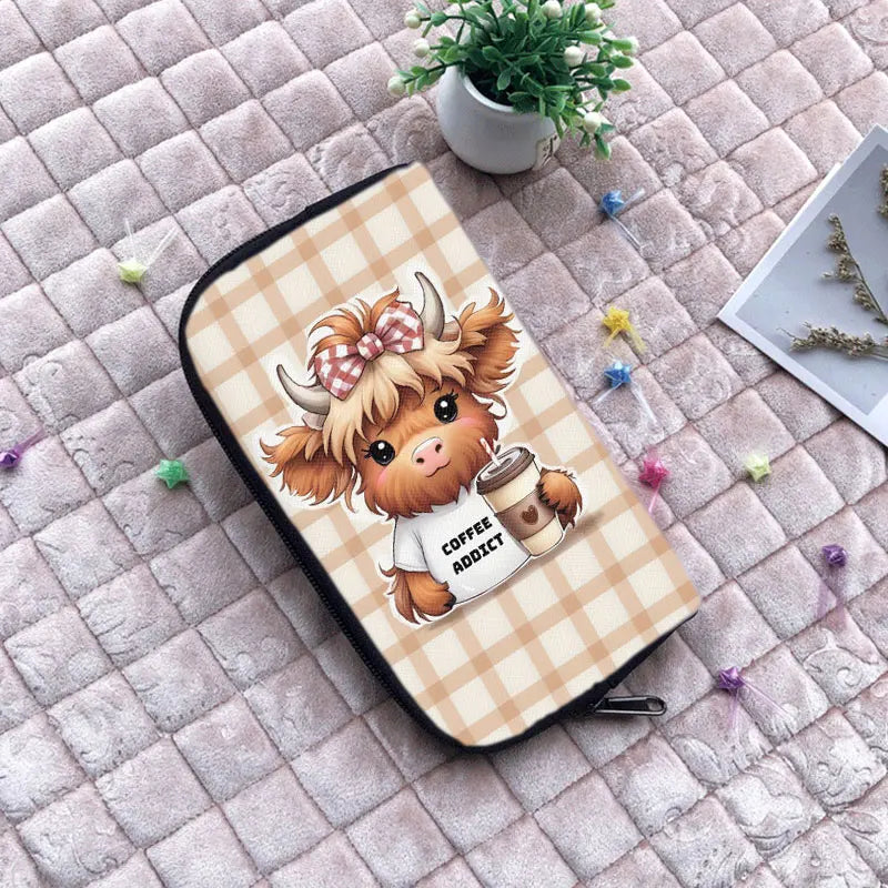 Highland Cow Print wallet Baby Scottish Highland Cows Having Coffee/ Bubble Tea Women Credit Card Holder Long Wallet Money Purse