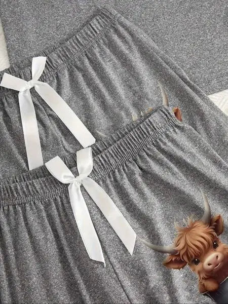 Women's Cartoon Highland Cow Print Pajama Set, 3 Piece Sleepwear Collection, Casual Fitted Nightwear for All Seasons